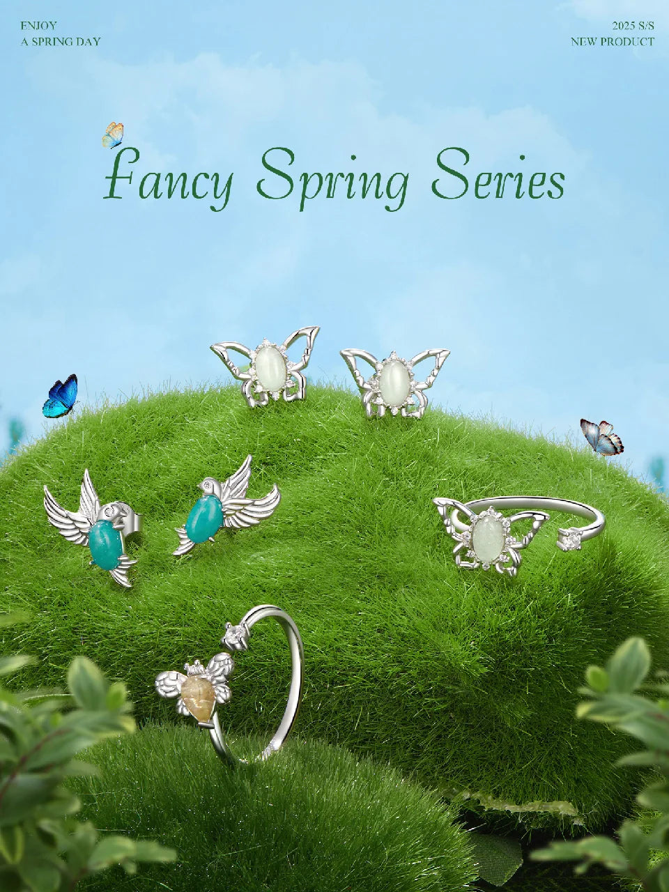 Deva 925 Sterling Silver Bee Adjustable Ring Embellished with Jade