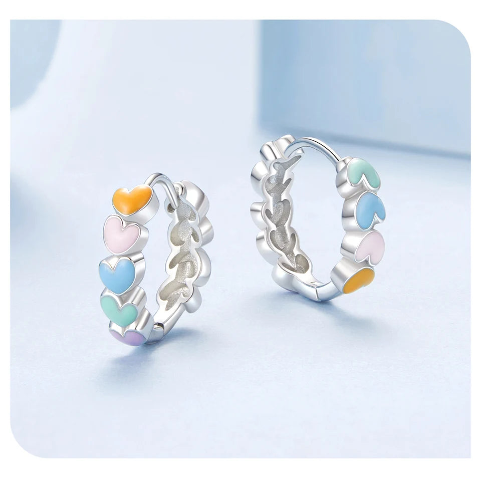 Deva 925 Sterling Silver Cute Rainbow Heart Hoop Earrings
