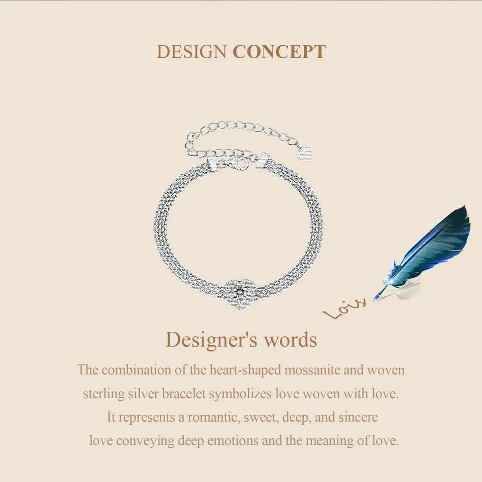 Deva Solid 925 Sterling Silver White Gold Plated Heart Moissanite Woven Bracelet