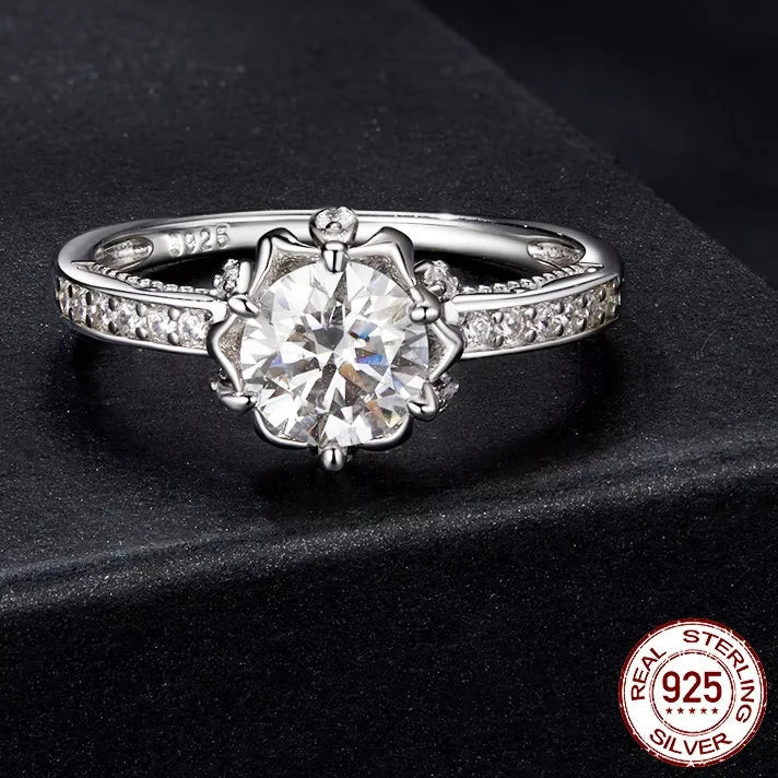 Deva D Color VVS1 EX Moissanite Flower Ring 1ct Round Moissanite Diamond Solitaire 925 Sterling Silver