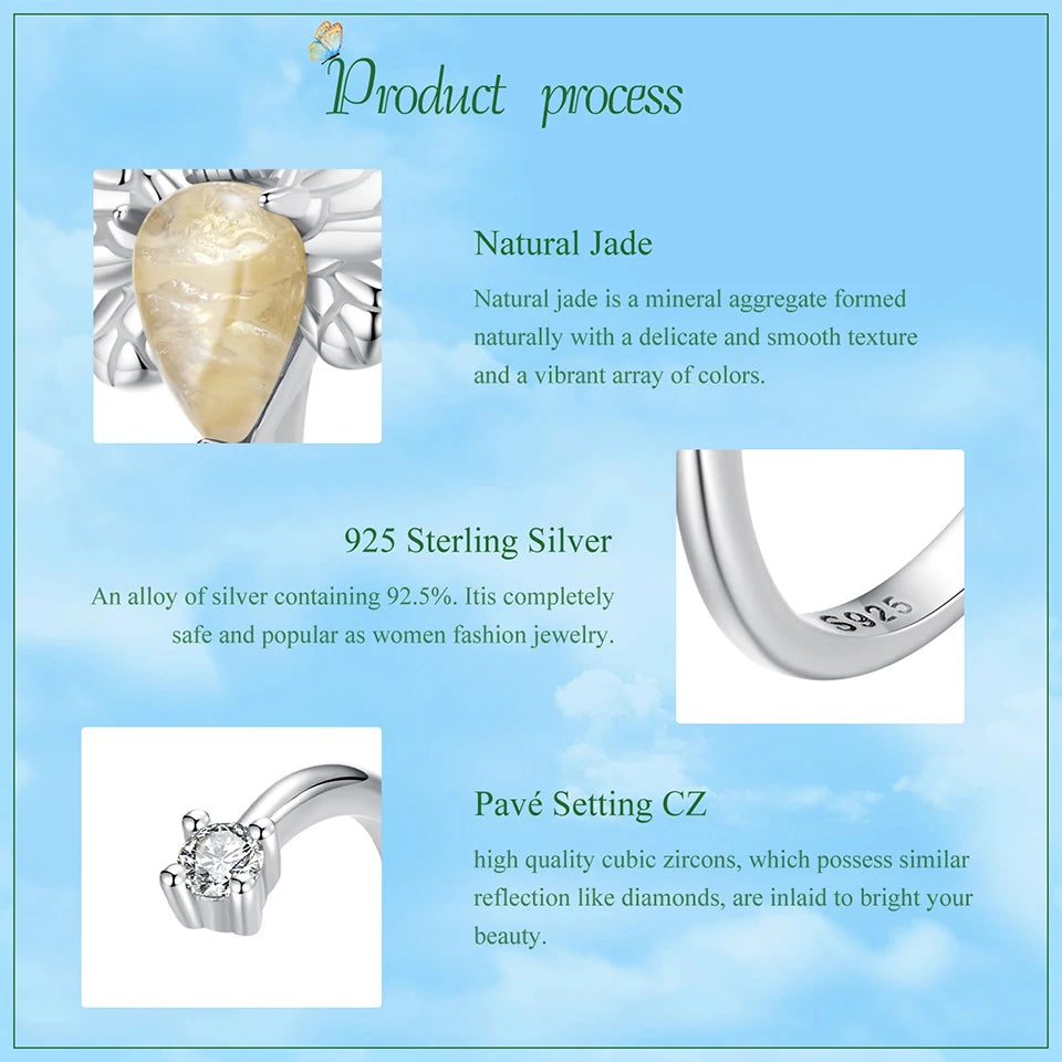 Deva 925 Sterling Silver Bee Adjustable Ring Embellished with Jade