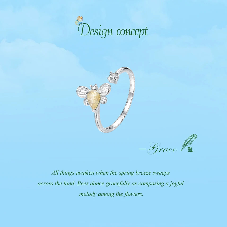 Deva 925 Sterling Silver Bee Adjustable Ring Embellished with Jade