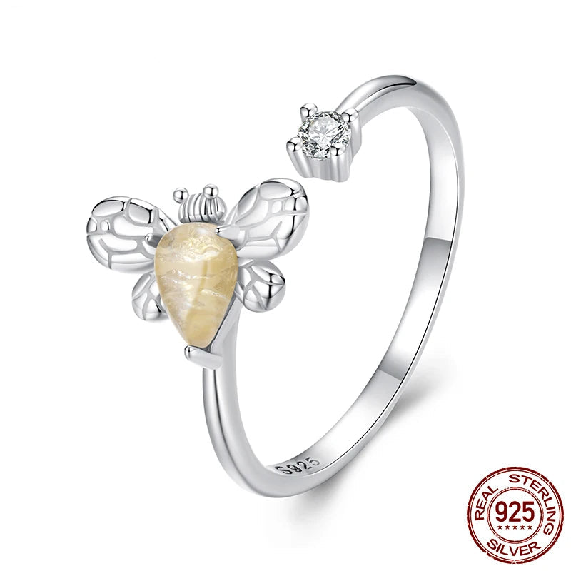 Deva 925 Sterling Silver Bee Adjustable Ring Embellished with Jade